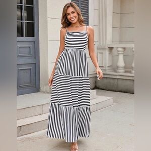 Striped Square Neck, Empire Waist Tiered Maxi Dress, Black & White, Size M